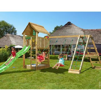 LEKTORN JUNGLE GYM CABIN 2.1 KOMPLETT INKL KLÄTTERMODUL & GRÖN RUTSCHKANA