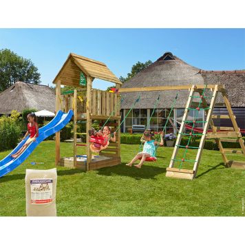 LEKTORN JUNGLE GYM CABIN 2.1 KOMPLETT INKL KLÄTTERMODUL BLÅ RUTSCHKANA & 120KG SAND