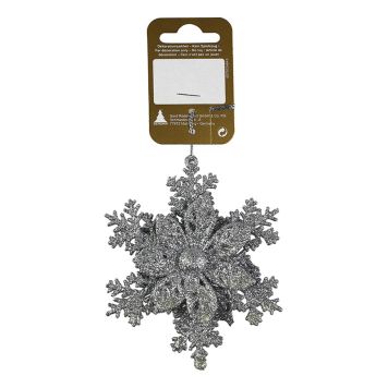 JULGRANSDEKORATION BLOMMA PÅ SNÖFLINGA GLITTER 10CM SILVER