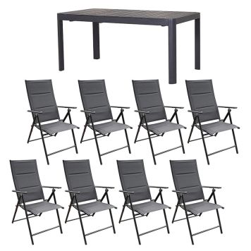 MATGRUPP SUNFUN STENVIK BORD + 8 POSITIONSSTOLAR LINA SVART