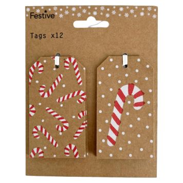 JULETIKETTER POLKAGRIS MANILLA 5X9CM 12-PACK