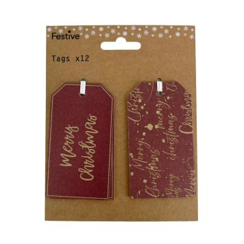JULETIKETTER MERRY CHRISTMAS MANILLA 5X9CM RÖD 12-PACK