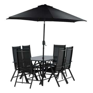 MATGRUPP VENTURE HOME BREKKI + 6 STOLAR OCH PARASOLL SVART