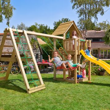 LEKTORN JUNGLE GYM CUBBY INKL KLÄTTERVÄGG, SANDLÅDA, 2 GUNGOR
