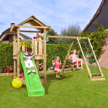 LEKTORN JUNGLE GYM HOUSE INKL KLÄTTERVÄGG, SANDLÅDA, 2 GUNGOR